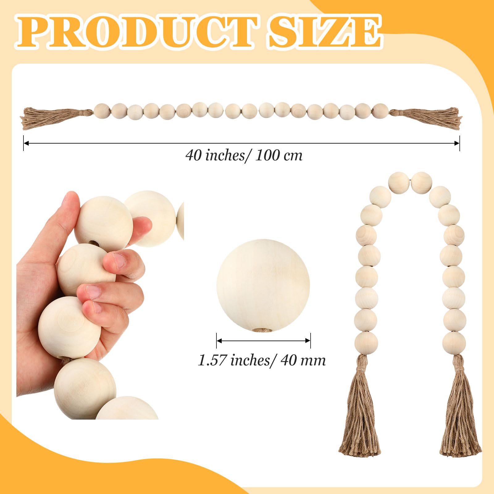 2 Pcs Large Wood Bead Garland with 1.57" Diameter Wood Beads and Tassel, Decorative Beads Boho Home Decor 40'' Long Oversized Wooden Beads Garland Table Decoration for Tiered Tray Wall (White)