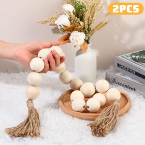 2 Pcs Large Wood Bead Garland with 1.57" Diameter Wood Beads and Tassel, Decorative Beads Boho Home Decor 40'' Long Oversized Wooden Beads Garland Table Decoration for Tiered Tray Wall (White)