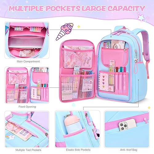 BYXEPA Girls Backpack, School Kids Backpacks for Girls, Cute Book Bag with Compartments for Girl Kid Students Elementary School, Kids' School Bag, Solid Blue