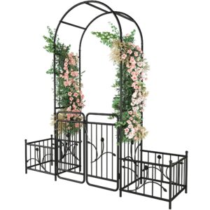 yitahome 87in garden arbor with gate, metal garden arch with side planters, arch trellis for garden
