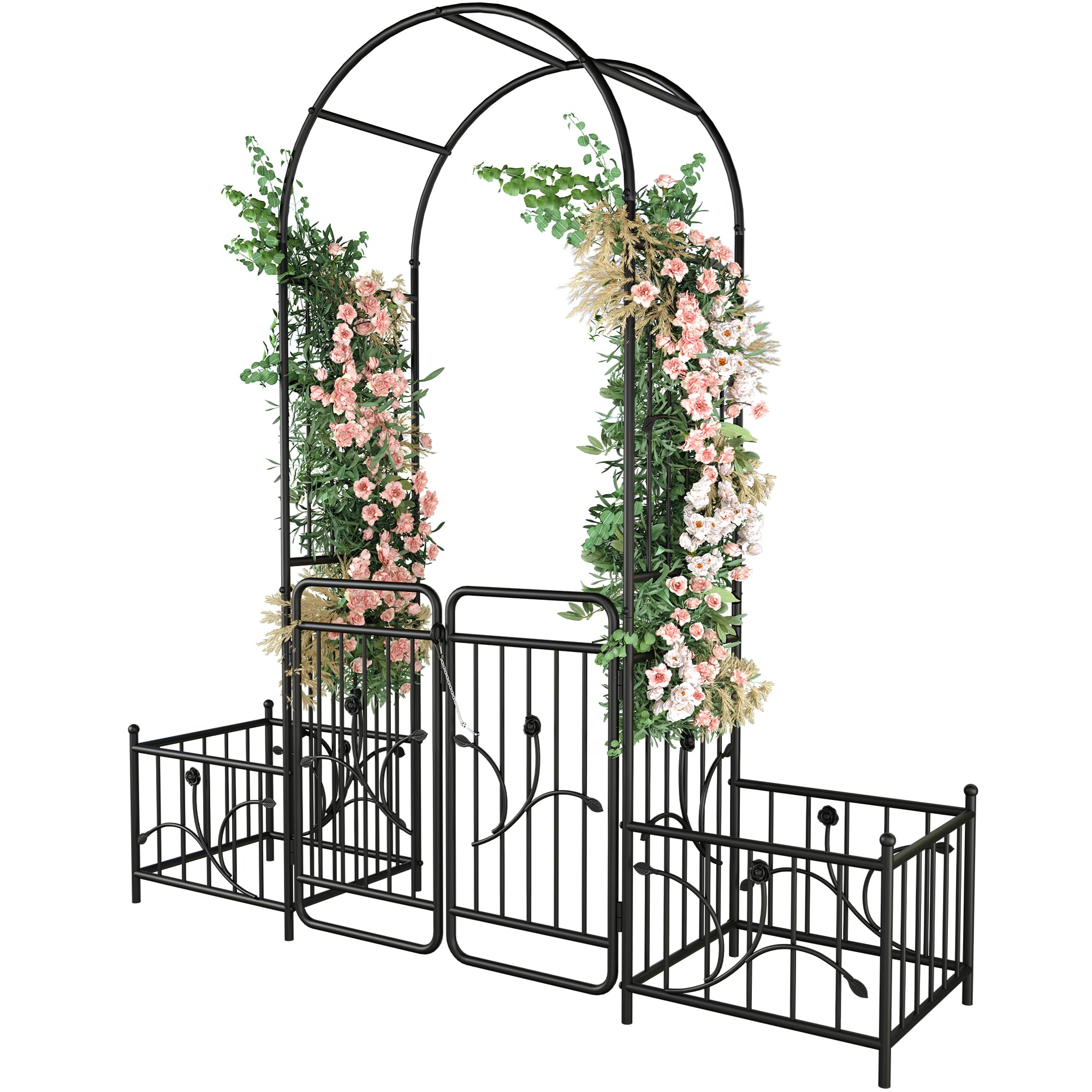 YITAHOME 87IN Garden Arbor with Gate, Metal Garden Arch with Side Planters, Arch Trellis for Garden