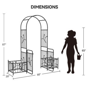 YITAHOME 87IN Garden Arbor with Gate, Metal Garden Arch with Side Planters, Arch Trellis for Garden