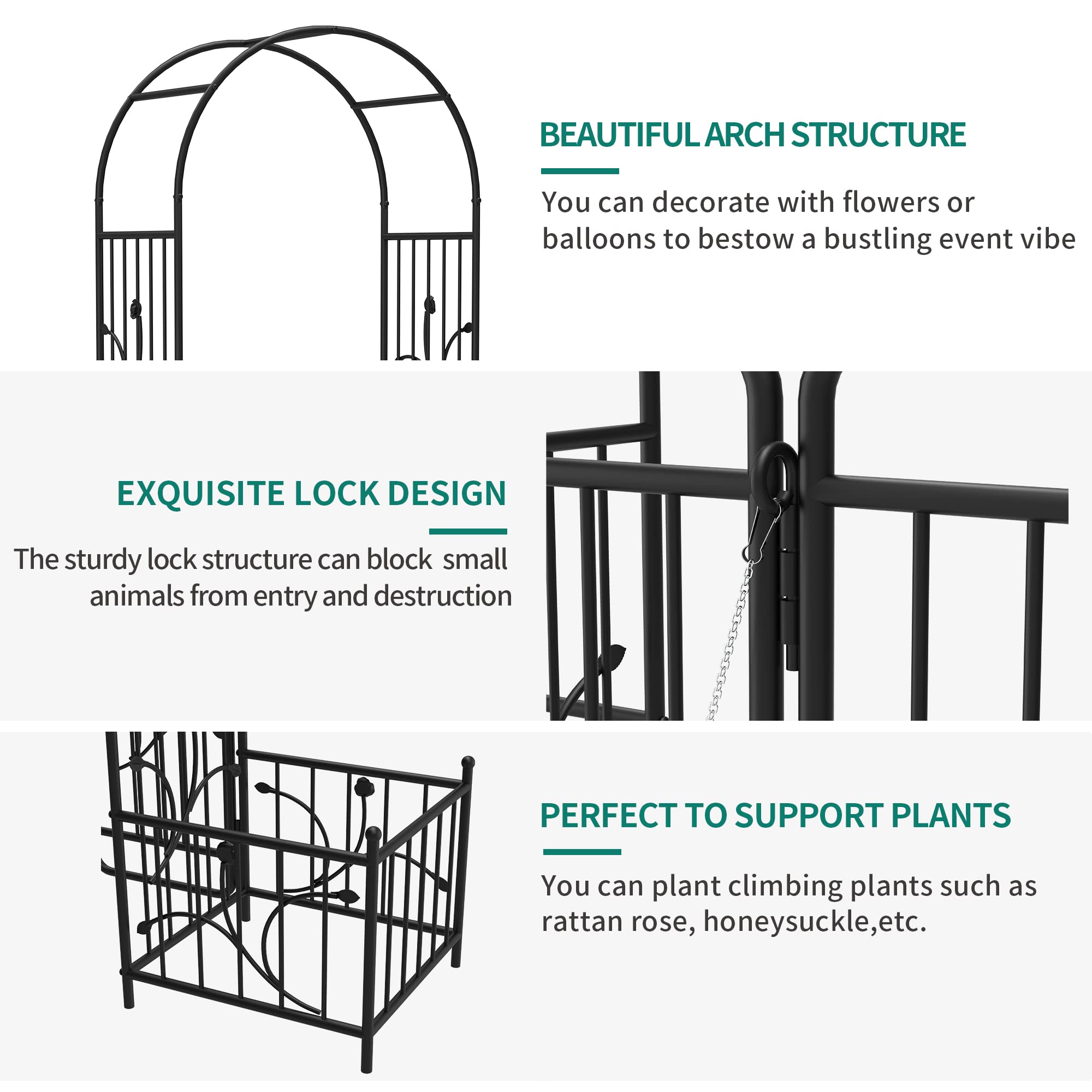 YITAHOME 87IN Garden Arbor with Gate, Metal Garden Arch with Side Planters, Arch Trellis for Garden