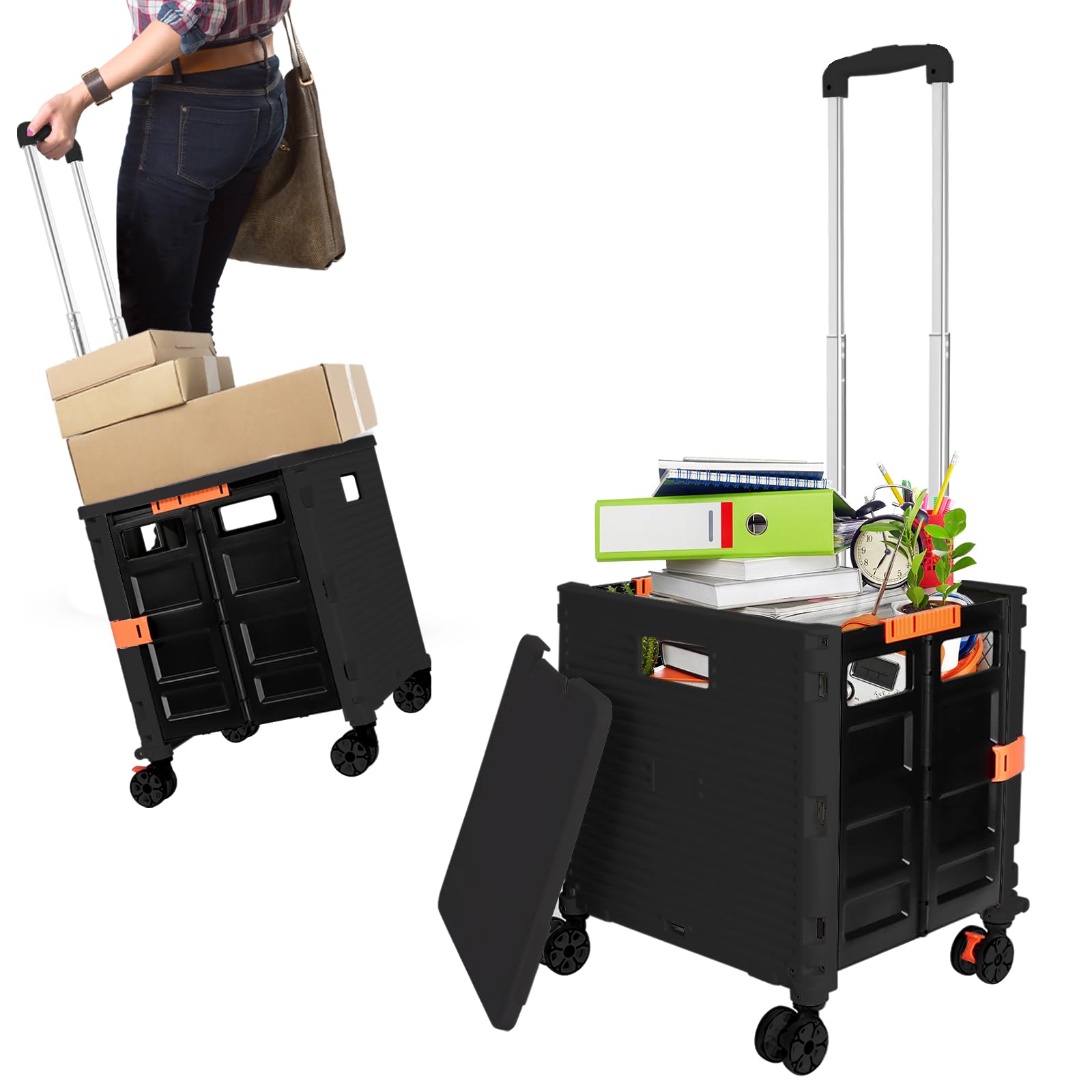 Rolling Crate Utility Cart Collapsible Tote Basket Teacher Cart with Lid Wear-Resistant Noiseless 360°Rotate Wheel Telescoping Handle for Trave Moving Luggage Use(Black,110lbs)