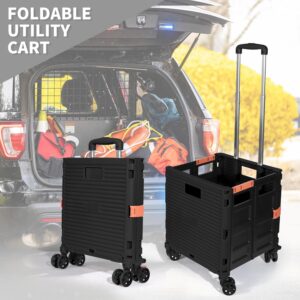 Rolling Crate Utility Cart Collapsible Tote Basket Teacher Cart with Lid Wear-Resistant Noiseless 360°Rotate Wheel Telescoping Handle for Trave Moving Luggage Use(Black,110lbs)