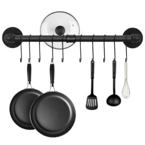 sujoer pot rack wall mounted with 15 hooks, hanging pot pan organizer rack,utensil industrial pipe hanger,heavy duty cast iron skillet storage rail,cabinet black pots and pans storage (23.7inch)