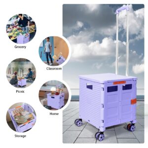 Foldable Utility Cart Collapsible Portable Tool Cart with Wheels Tote Basket,176LBS Load Capacity,Magnetic Lid Telescopic Cover with 360° Wheels Telescoping Handle for Grocery Laundry Luggage,Purple