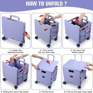 Foldable Utility Cart Collapsible Portable Tool Cart with Wheels Tote Basket,176LBS Load Capacity,Magnetic Lid Telescopic Cover with 360° Wheels Telescoping Handle for Grocery Laundry Luggage,Purple