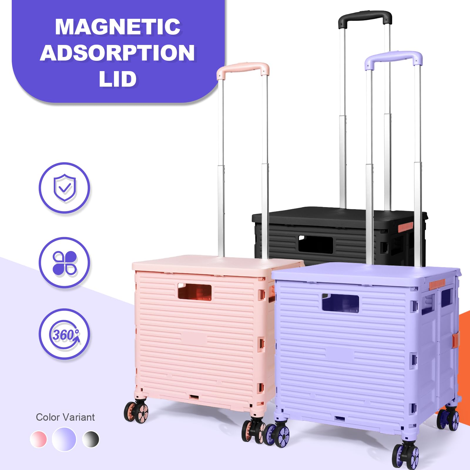 Foldable Utility Cart Collapsible Portable Tool Cart with Wheels Tote Basket,176LBS Load Capacity,Magnetic Lid Telescopic Cover with 360° Wheels Telescoping Handle for Grocery Laundry Luggage,Purple