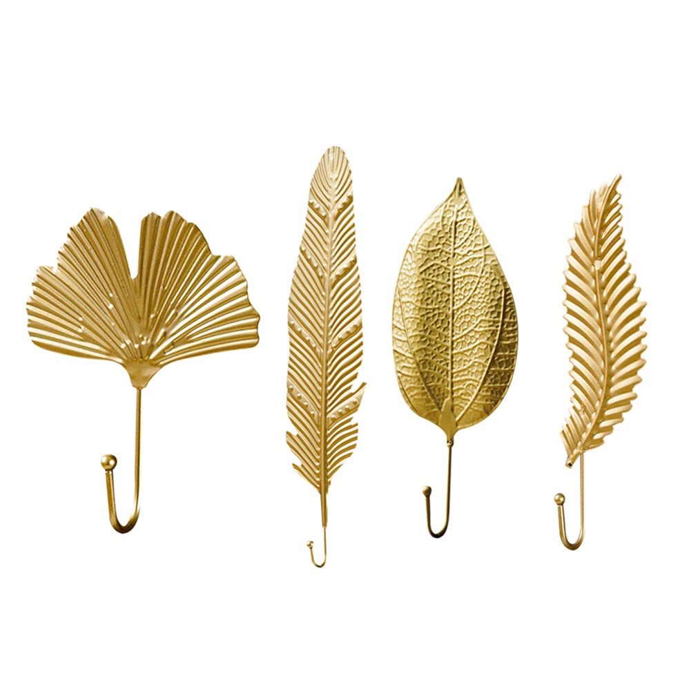 Decorative Leaves Iron Hooks, Set of 4 Leaf Shaped Self Adhesive Wall Shower Curtain Coat Hooks, Modern Key Holder Wall Mounted Metal Iron Gold Single Prong Coat Hanger for Hallways, Living Room