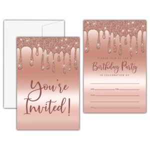 glitter slime birthday invitations, dripping rose gold birthday party invitation card, sparkle slime birthday party favors, glitter drip theme celebration supplies(20 set of invitations with