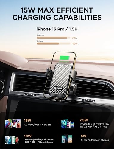 Wireless Car Charger, JOYMASS 15W Fast Charging Auto Clamping Car Charger Cell Phone Holder Mount Vent for iPhone 15 14 13 12 Mini Pro Max 11 XR XS X, Samsung Galaxy S23 Ultra S22 S21+ Note 20, etc