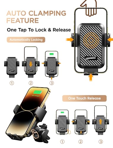 Wireless Car Charger, JOYMASS 15W Fast Charging Auto Clamping Car Charger Cell Phone Holder Mount Vent for iPhone 15 14 13 12 Mini Pro Max 11 XR XS X, Samsung Galaxy S23 Ultra S22 S21+ Note 20, etc