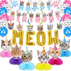 goyoswa cat birthday party supplies cat birthday party decorations, cat themed birthday party supplies includes 1 birthday banner, 6 cat honeycomb centerpieces, 6 hanging swirls with 6 cat cutouts decorations, meow letter balloons and 12 balloons