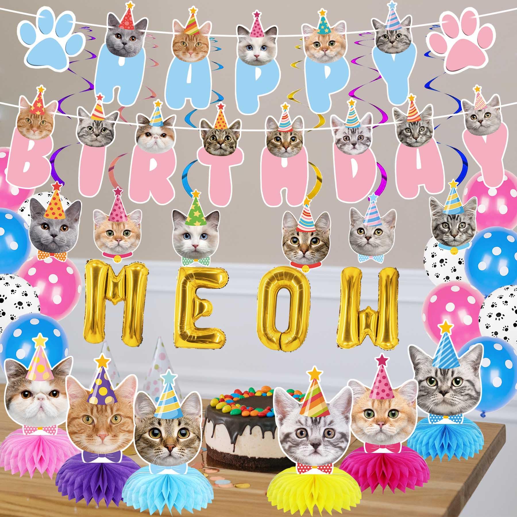 GOYOSWA Cat Birthday Party Supplies Cat Birthday Party Decorations, Cat Themed Birthday Party Supplies Includes 1 Birthday Banner, 6 Cat Honeycomb Centerpieces, 6 Hanging Swirls with 6 Cat Cutouts Decorations, MEOW Letter Balloons and 12 Balloons