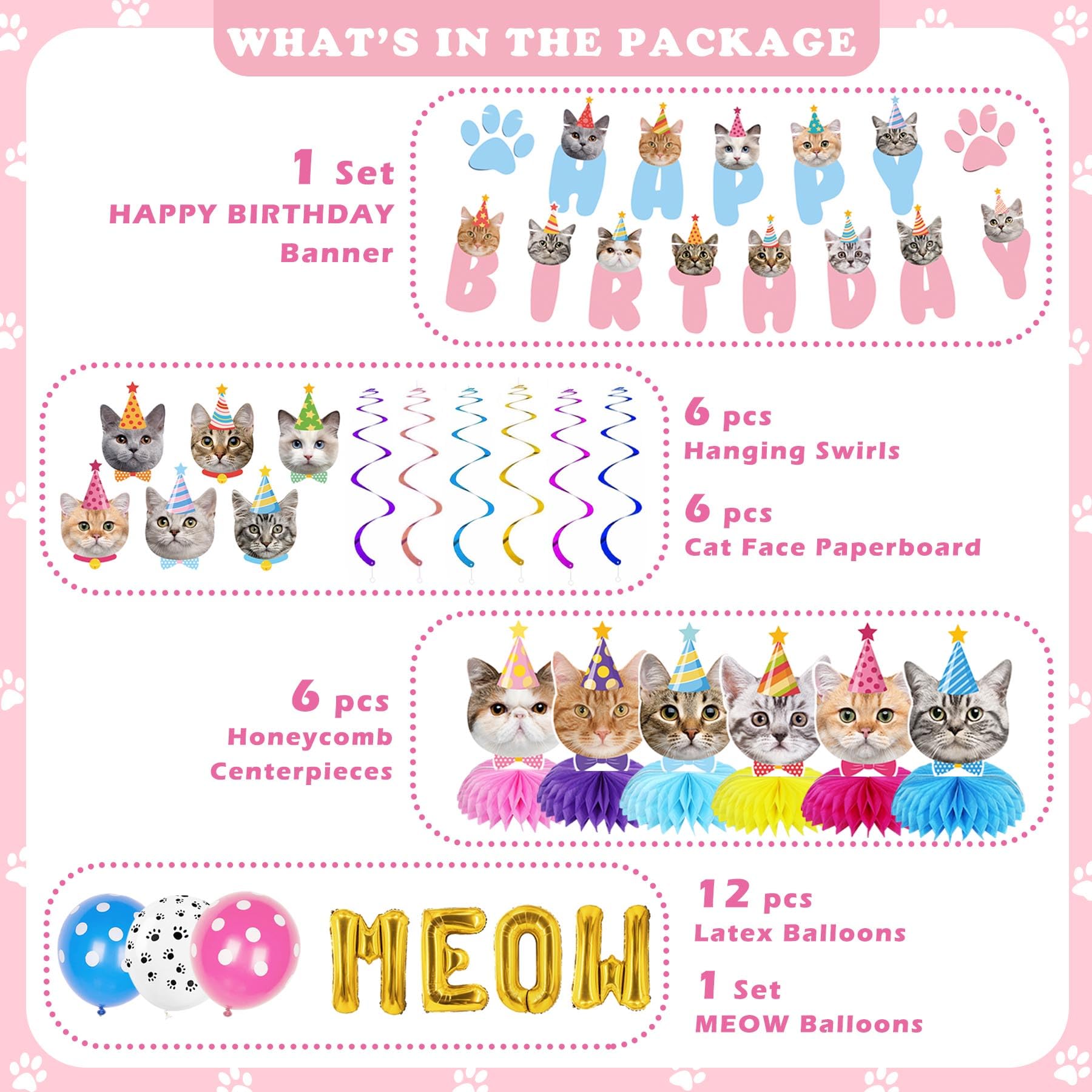 GOYOSWA Cat Birthday Party Supplies Cat Birthday Party Decorations, Cat Themed Birthday Party Supplies Includes 1 Birthday Banner, 6 Cat Honeycomb Centerpieces, 6 Hanging Swirls with 6 Cat Cutouts Decorations, MEOW Letter Balloons and 12 Balloons