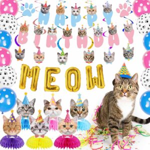 GOYOSWA Cat Birthday Party Supplies Cat Birthday Party Decorations, Cat Themed Birthday Party Supplies Includes 1 Birthday Banner, 6 Cat Honeycomb Centerpieces, 6 Hanging Swirls with 6 Cat Cutouts Decorations, MEOW Letter Balloons and 12 Balloons