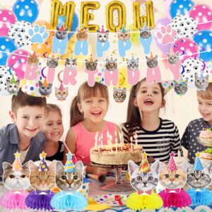 GOYOSWA Cat Birthday Party Supplies Cat Birthday Party Decorations, Cat Themed Birthday Party Supplies Includes 1 Birthday Banner, 6 Cat Honeycomb Centerpieces, 6 Hanging Swirls with 6 Cat Cutouts Decorations, MEOW Letter Balloons and 12 Balloons