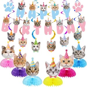 goyoswa cat birthday party supplies cat birthday party decorations, cat themed birthday party supplies includes 1 birthday banner, 6 cat honeycomb centerpieces, 6 hanging swirls with 6 cat cutouts