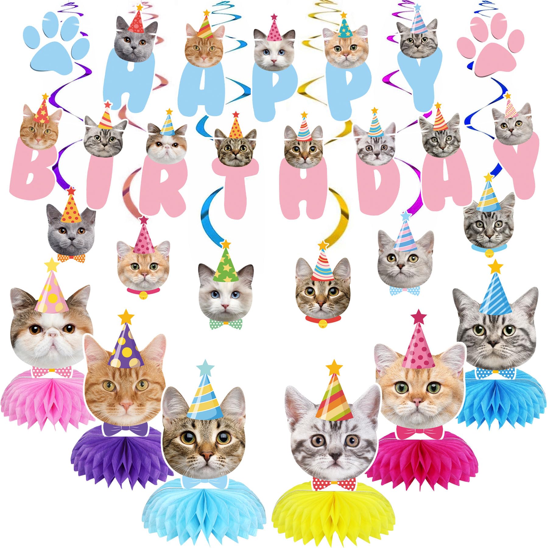 GOYOSWA Cat Birthday Party Supplies Cat Birthday Party Decorations, Cat Themed Birthday Party Supplies Includes 1 Birthday Banner, 6 Cat Honeycomb Centerpieces, 6 Hanging Swirls with 6 Cat Cutouts