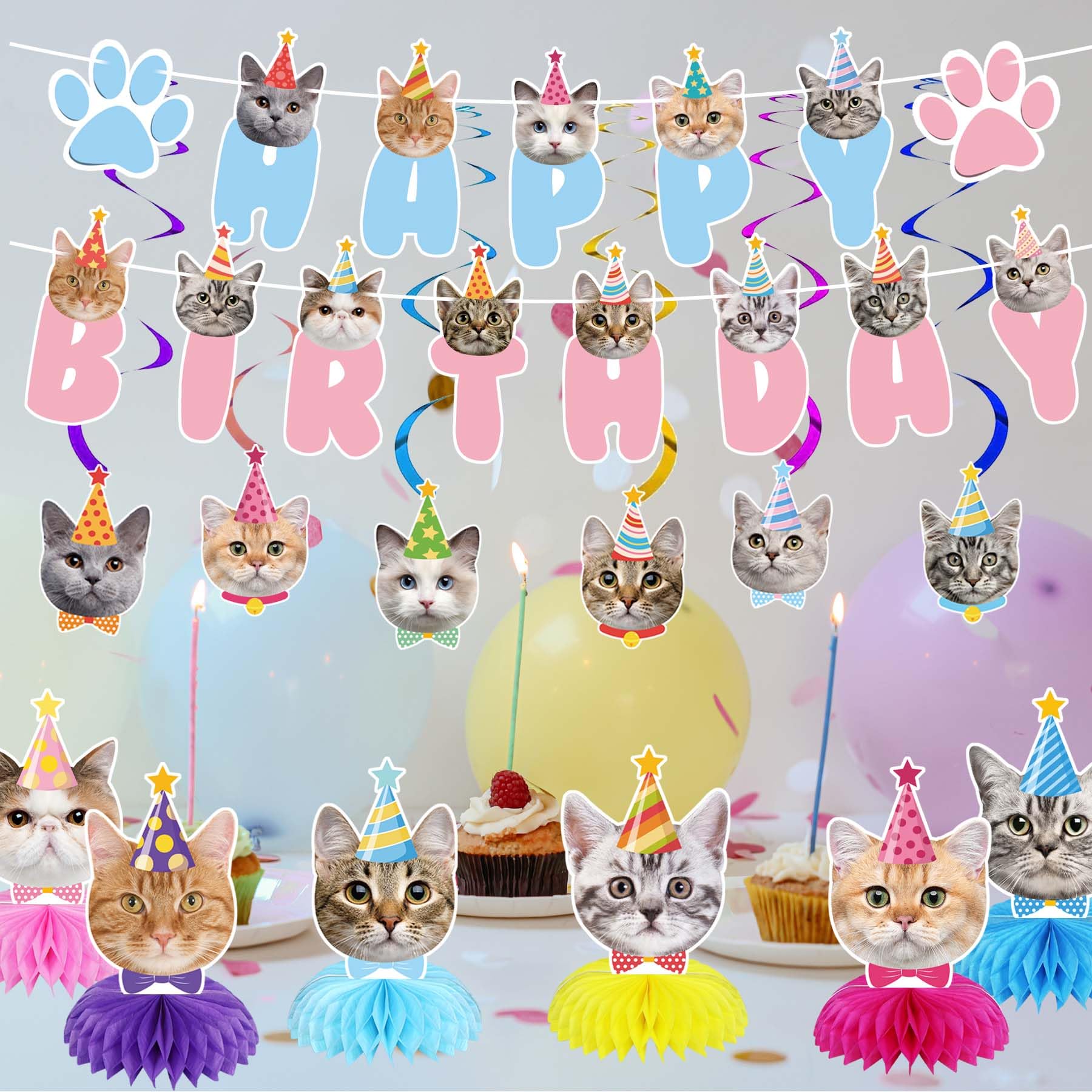 GOYOSWA Cat Birthday Party Supplies Cat Birthday Party Decorations, Cat Themed Birthday Party Supplies Includes 1 Birthday Banner, 6 Cat Honeycomb Centerpieces, 6 Hanging Swirls with 6 Cat Cutouts