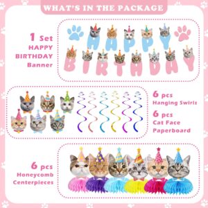 GOYOSWA Cat Birthday Party Supplies Cat Birthday Party Decorations, Cat Themed Birthday Party Supplies Includes 1 Birthday Banner, 6 Cat Honeycomb Centerpieces, 6 Hanging Swirls with 6 Cat Cutouts