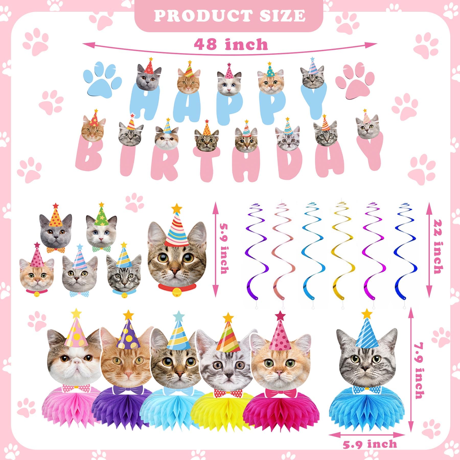 GOYOSWA Cat Birthday Party Supplies Cat Birthday Party Decorations, Cat Themed Birthday Party Supplies Includes 1 Birthday Banner, 6 Cat Honeycomb Centerpieces, 6 Hanging Swirls with 6 Cat Cutouts