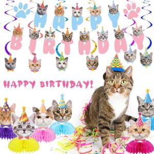 GOYOSWA Cat Birthday Party Supplies Cat Birthday Party Decorations, Cat Themed Birthday Party Supplies Includes 1 Birthday Banner, 6 Cat Honeycomb Centerpieces, 6 Hanging Swirls with 6 Cat Cutouts