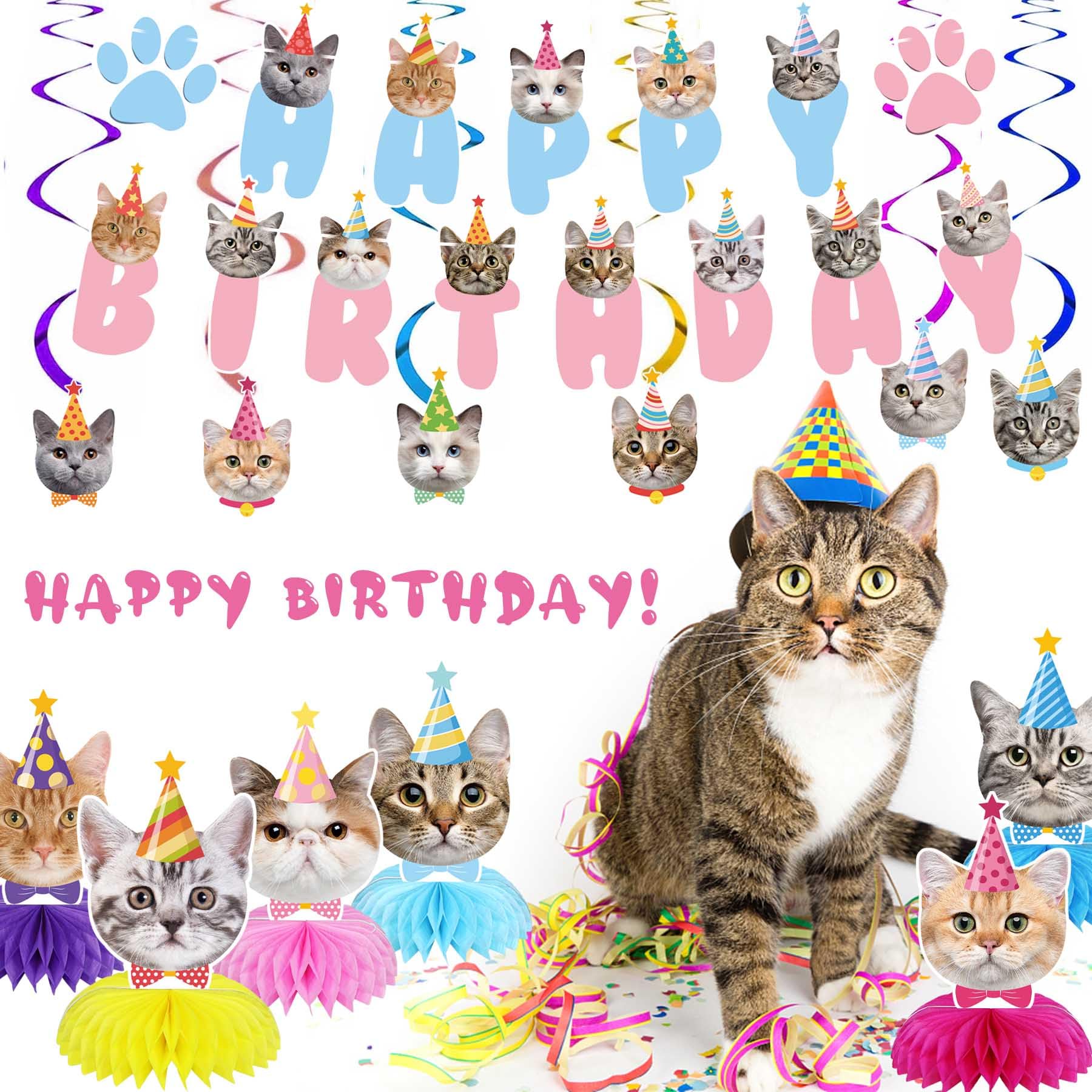 GOYOSWA Cat Birthday Party Supplies Cat Birthday Party Decorations, Cat Themed Birthday Party Supplies Includes 1 Birthday Banner, 6 Cat Honeycomb Centerpieces, 6 Hanging Swirls with 6 Cat Cutouts