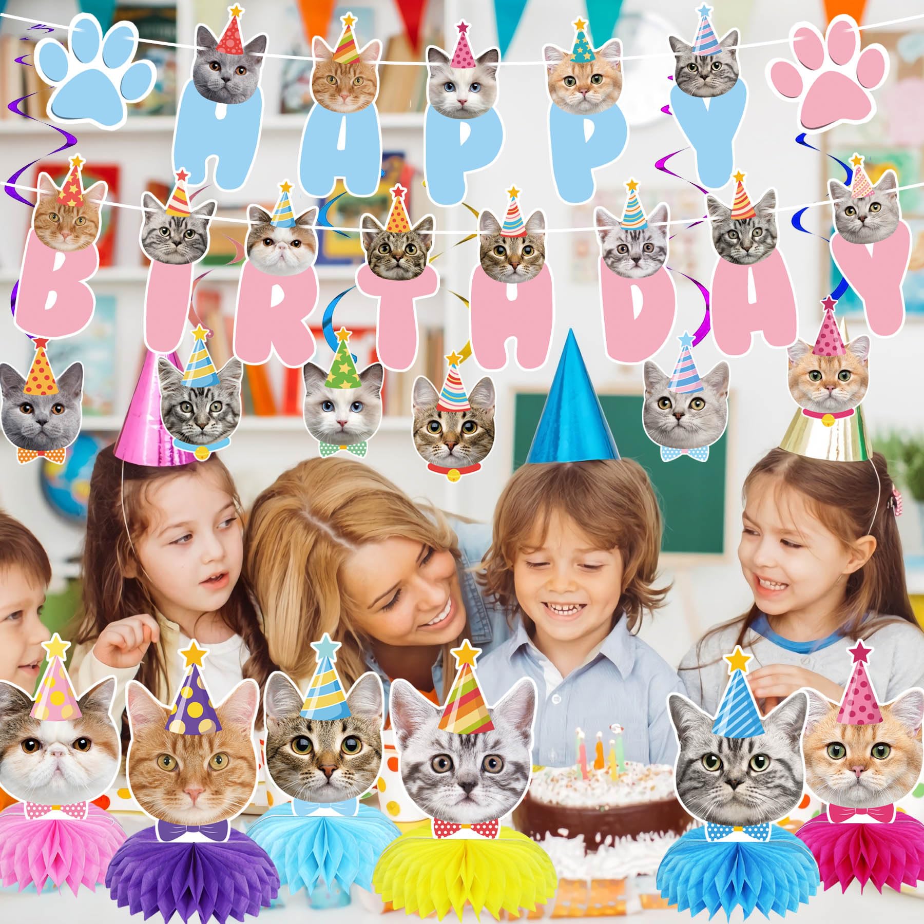 GOYOSWA Cat Birthday Party Supplies Cat Birthday Party Decorations, Cat Themed Birthday Party Supplies Includes 1 Birthday Banner, 6 Cat Honeycomb Centerpieces, 6 Hanging Swirls with 6 Cat Cutouts