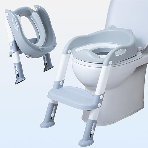 Potty Training Toilet Seat with Step Stool Ladder for kids and baby Adjustable Toddler Toilet Training Seat with Soft Not-Cold Padded Seat Safe Handles and Non-Slip Wide Steps, Ivory Grey for Kids