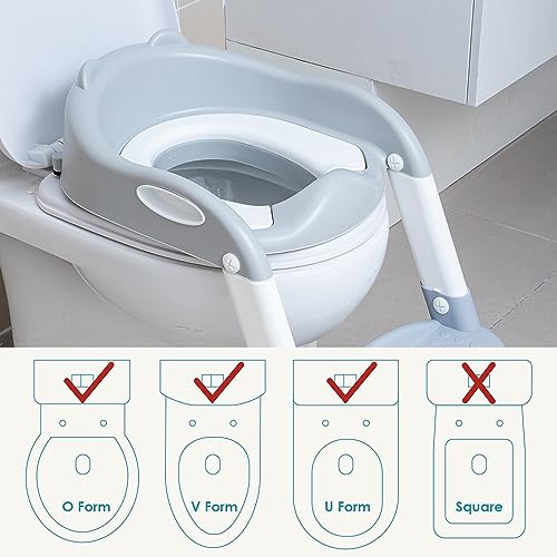 Potty Training Toilet Seat with Step Stool Ladder for kids and baby Adjustable Toddler Toilet Training Seat with Soft Not-Cold Padded Seat Safe Handles and Non-Slip Wide Steps, Ivory Grey for Kids