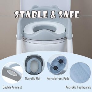 Potty Training Toilet Seat with Step Stool Ladder for kids and baby Adjustable Toddler Toilet Training Seat with Soft Not-Cold Padded Seat Safe Handles and Non-Slip Wide Steps, Ivory Grey for Kids