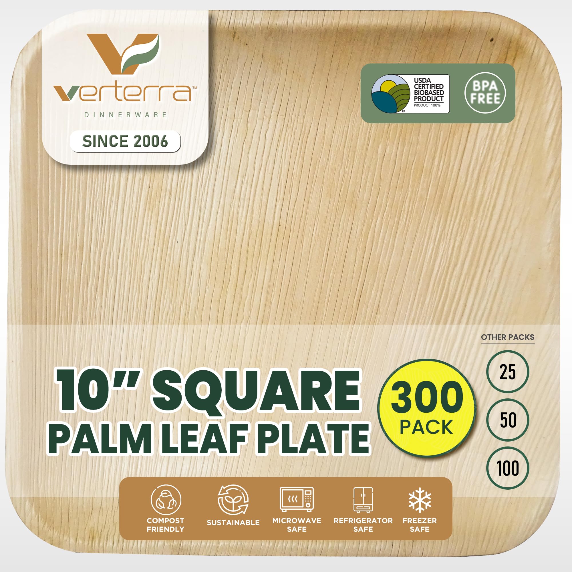 VerTerra Palm leaf plates - 10 inch square, 300 pack – Like Bamboo plates, Disposable and Eco-friendly dinnerware in bulk for Events, Parties, Weddings