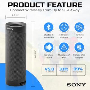 Sony Super-Portable, Powerful and Durable, Waterproof, Wireless Bluetooth Speaker with Extra BASS – Black + USB Adapter