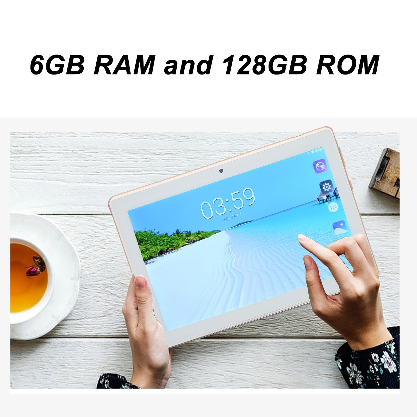 ciciglow 8 Inch FHD Tablet, 6GB RAM 128GB ROM Small Tablet, Octa Core Processor, 5MP+8MP Camera, 6000mAh Fast Charging, Dual Card Dual Standby, 5G WiFi, GPS (Gold)