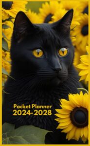 2024-2028 pocket calendar: cute black cat with sunflower cover|60 months agenda planner|5 years (years 2024,2025,2026,2027,2028 / january 2024-december 2028)