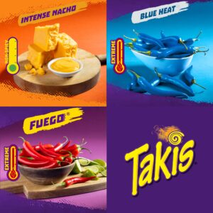 Takis 40 pc / 1 oz Hero Variety Pack, Assorted Flavored Mixed Rolled Tortilla Chips – (20) Fuego 1 oz, (10) Blue Heat 1 oz, (10) Intense Nacho 1 oz