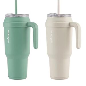 REDUCE 50 oz Mug Tumbler with Handle & Straw - Stainless Steel with Sip-It-Your-Way Lid - Keeps Water Cold up to 50 Hours - SweatProof, Dishwasher Safe, BPA Free - 2 Pack, Green / Beige