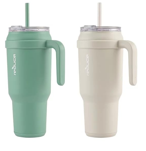 REDUCE 50 oz Mug Tumbler with Handle & Straw - Stainless Steel with Sip-It-Your-Way Lid - Keeps Water Cold up to 50 Hours - SweatProof, Dishwasher Safe, BPA Free - 2 Pack, Green / Beige