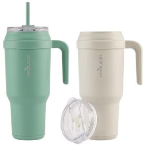 REDUCE 50 oz Mug Tumbler with Handle & Straw - Stainless Steel with Sip-It-Your-Way Lid - Keeps Water Cold up to 50 Hours - SweatProof, Dishwasher Safe, BPA Free - 2 Pack, Green / Beige