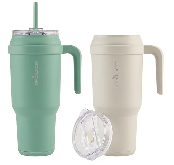 REDUCE 50 oz Mug Tumbler with Handle & Straw - Stainless Steel with Sip-It-Your-Way Lid - Keeps Water Cold up to 50 Hours - SweatProof, Dishwasher Safe, BPA Free - 2 Pack, Green / Beige