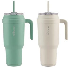 REDUCE 50 oz Mug Tumbler with Handle & Straw - Stainless Steel with Sip-It-Your-Way Lid - Keeps Water Cold up to 50 Hours - SweatProof, Dishwasher Safe, BPA Free - 2 Pack, Green / Beige