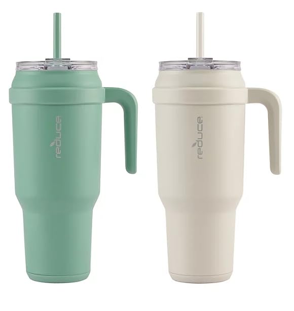 REDUCE 50 oz Mug Tumbler with Handle & Straw - Stainless Steel with Sip-It-Your-Way Lid - Keeps Water Cold up to 50 Hours - SweatProof, Dishwasher Safe, BPA Free - 2 Pack, Green / Beige