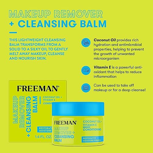 Freeman Restorative Makeup Remover + Cleansing Balm, Moisturizing & Conditioning, Coconut Oil & Vitamin E, Lightweight Formula Gently Removes Makeup & Cleanses Skin, 1.4 fl.oz. Jar, 1 Count