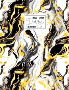 2023 - 2024: 18 month diary a4 week to view on 2 pages weekly journal agenda wo2p planner jul 23 to dec 24 horizontal with moon phases, uk & us ... white alcohol ink gold foil marble swirls
