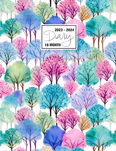 2023 - 2024: 18 Month Diary A4 Week to View on 2 Pages Weekly Journal Agenda WO2P Planner Jul 23 to Dec 24 Horizontal With Moon Phases, UK & US ... Pastel Pink Blue Green Abstract Trees Pattern