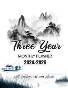 2024-2026 three year monthly planner: 3 year calendar from jan 2024 to dec 2026 agenda schedule organizer with holidays and moon phases chinese brush painting