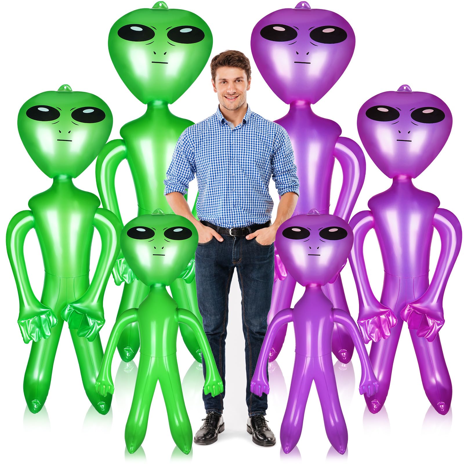 Honoson 6 Pcs Giant Inflate Alien, 67 inch 35 Inch 18 Inch Jumbo Alien Blow up Alien Green Purple Balloons Inflatable Alien Doll Toy for Halloween Birthday Alien Theme Party Decor Supplies