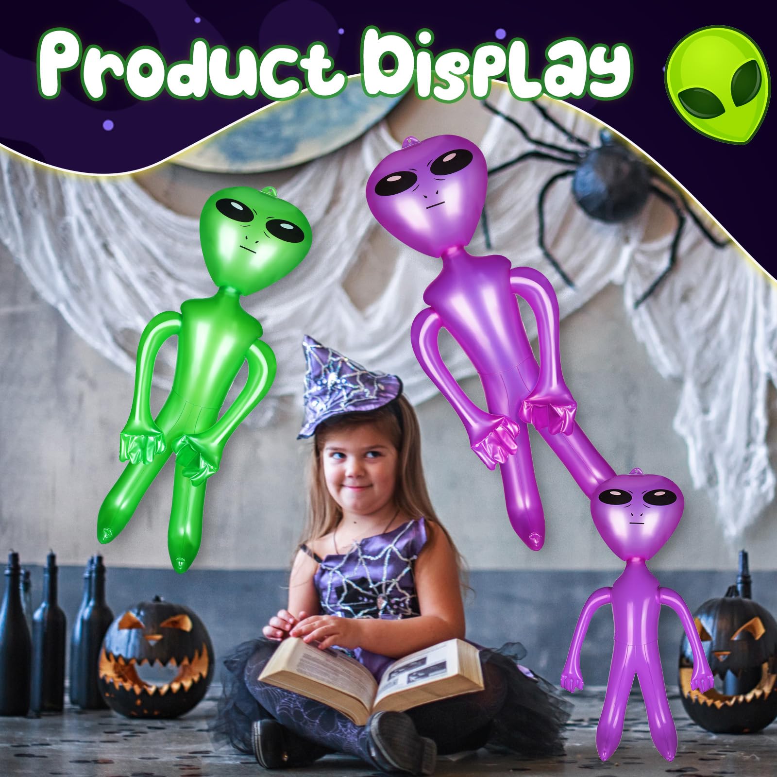 Honoson 6 Pcs Giant Inflate Alien, 67 inch 35 Inch 18 Inch Jumbo Alien Blow up Alien Green Purple Balloons Inflatable Alien Doll Toy for Halloween Birthday Alien Theme Party Decor Supplies